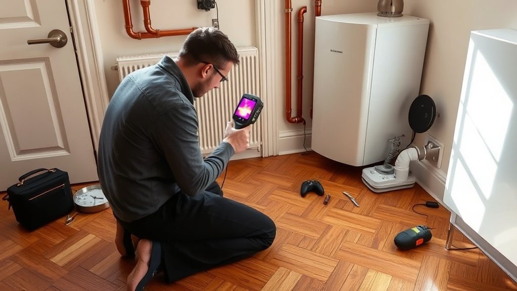 Engineer locating central heating leak using thermal imaging in East Molesey