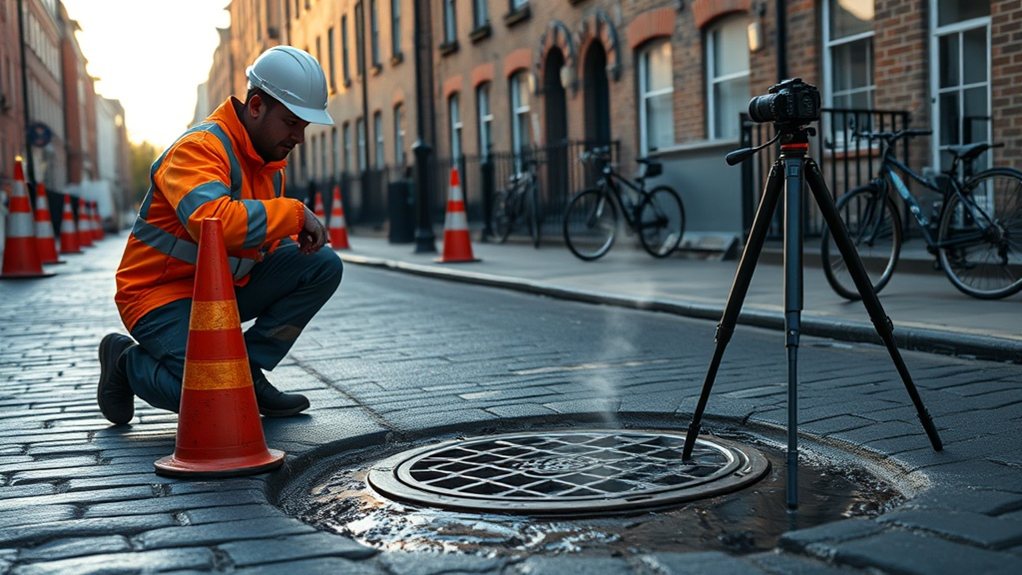 Engineer carrying out water mains leak detection in East Molesey